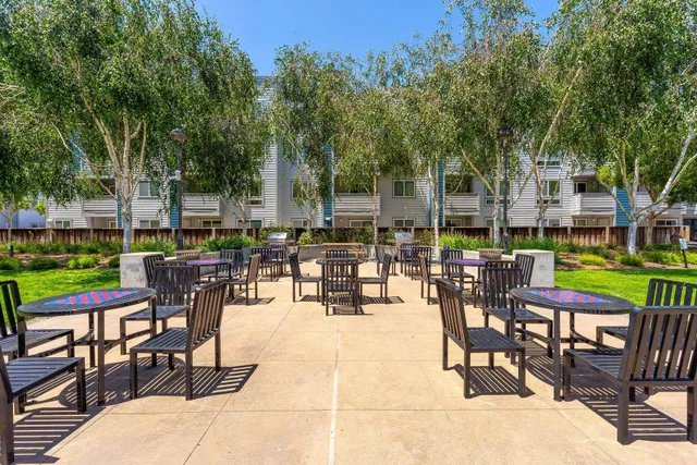 a view of a patio with a table and chairs and garden