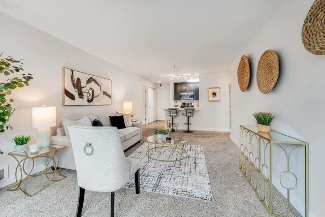 a living room with furniture and a potted plant