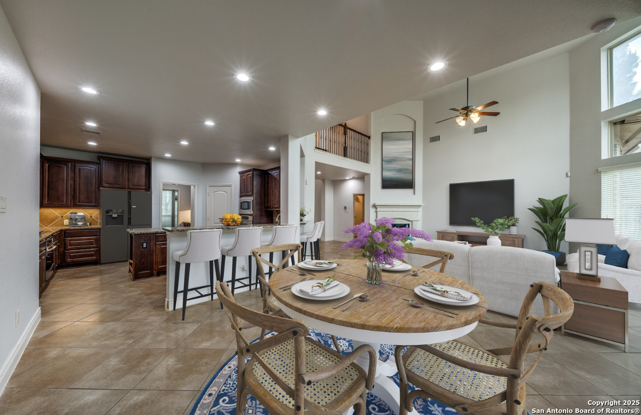 a view of a dining room with furniture