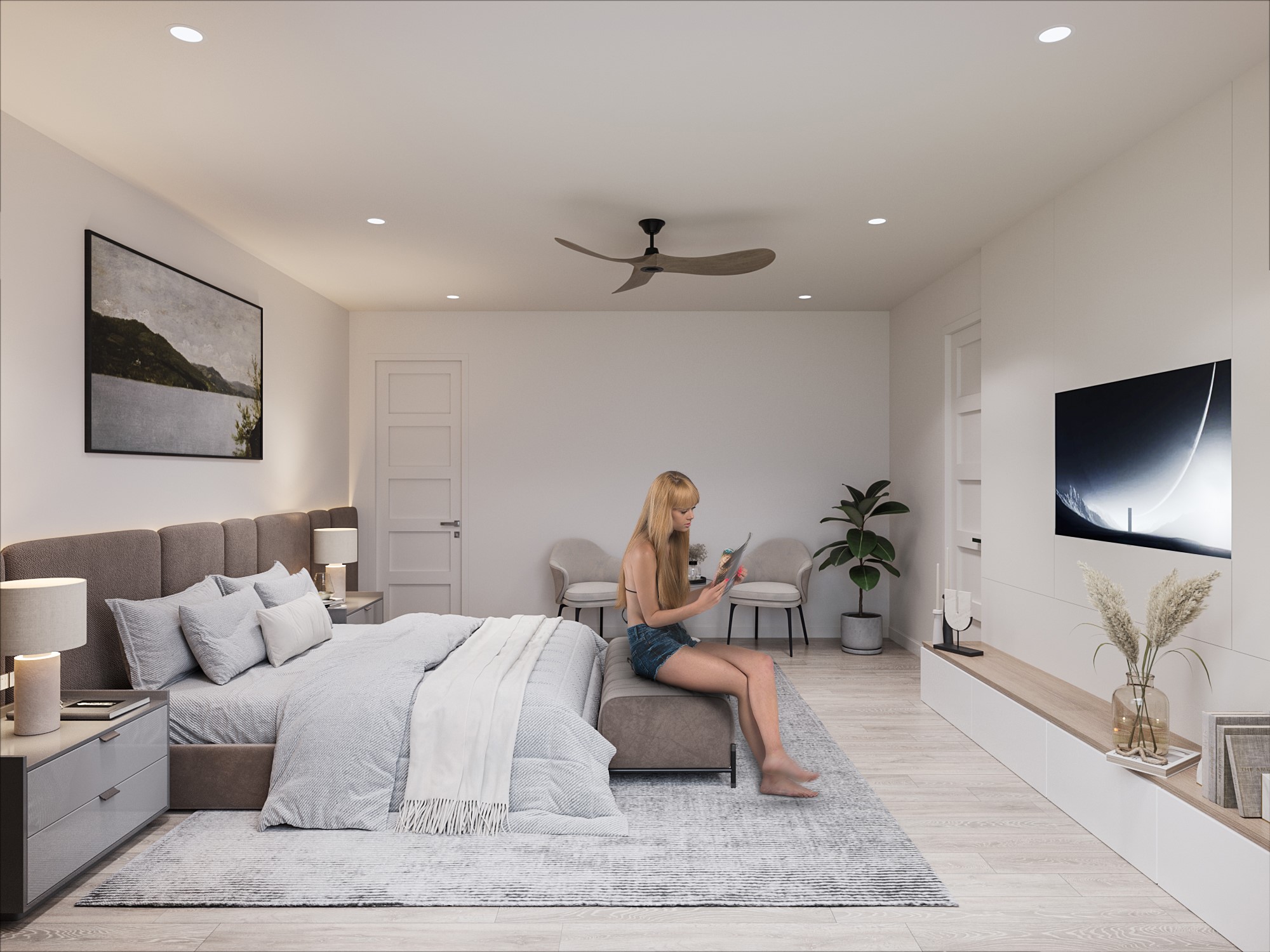 0 Mansfield Street Houston, TX 77091 - Photo 11 of 21 This is a modern and elegantly furnished bedroom with a neutral color palette, that can feature a large bed, contemporary lighting, a ceiling fan, and a mounted flat-screen TV. The room is spacious enough to include a cozy seating area and is accented with tasteful decor and plants, creating a serene and sophisticated living space.