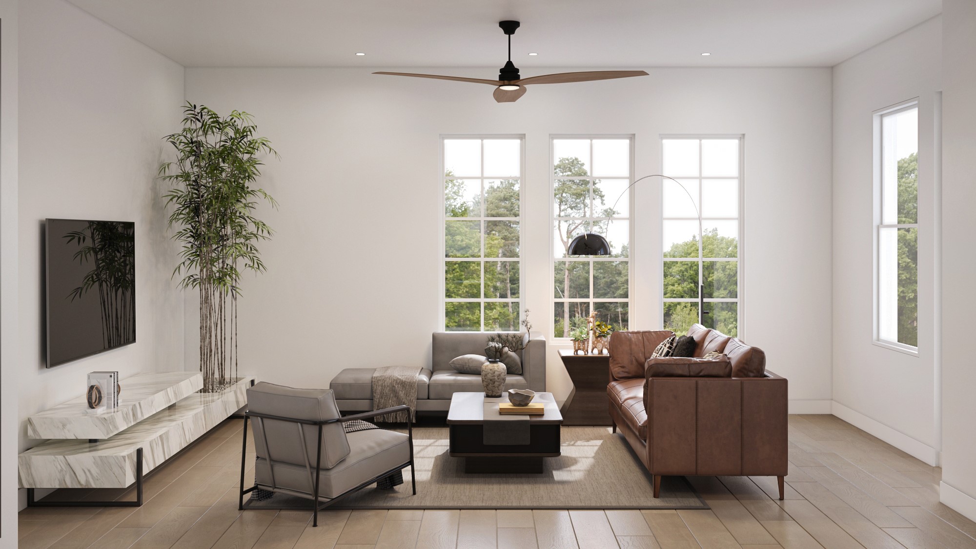 0 Mansfield Street Houston, TX 77091 - Photo 14 of 21 This is a spacious, modern living room with large windows providing ample natural light, elegant hardwood floors, and a contemporary design aesthetic, featuring a comfortable seating area and ceiling fan.