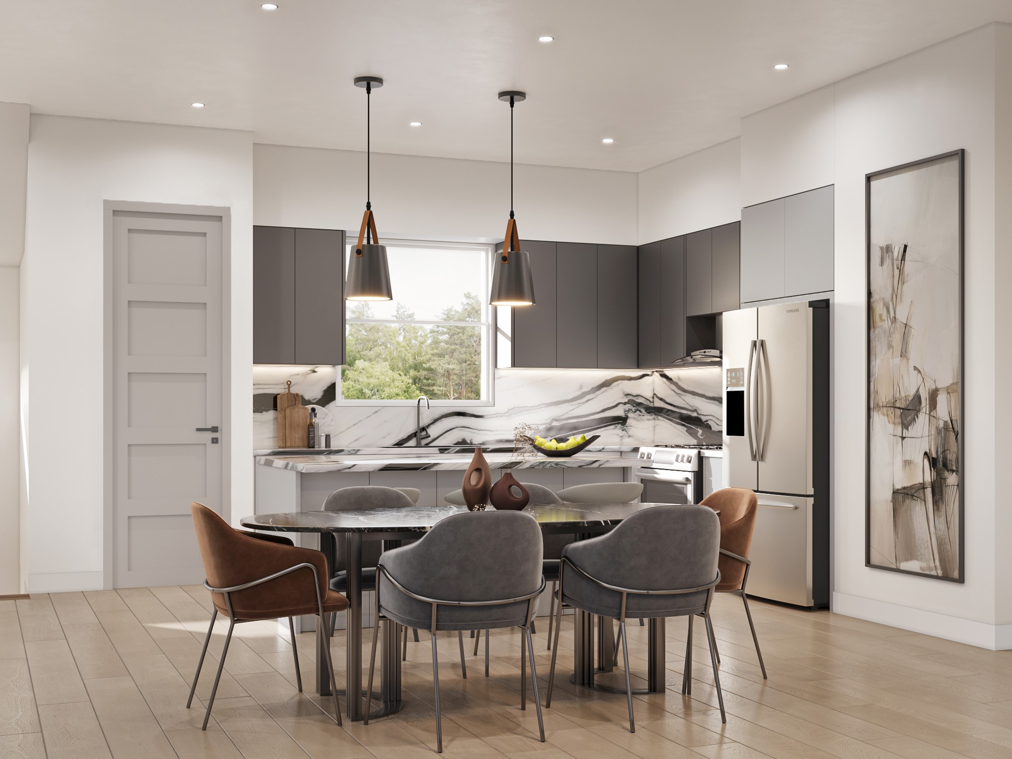 0 Mansfield Street Houston, TX 77091 - Photo 16 of 21 Modern kitchen with sleek gray cabinetry, stainless steel appliances, and a round dining table with comfortable seating. Natural light from a large window enhances the warm, inviting space.
