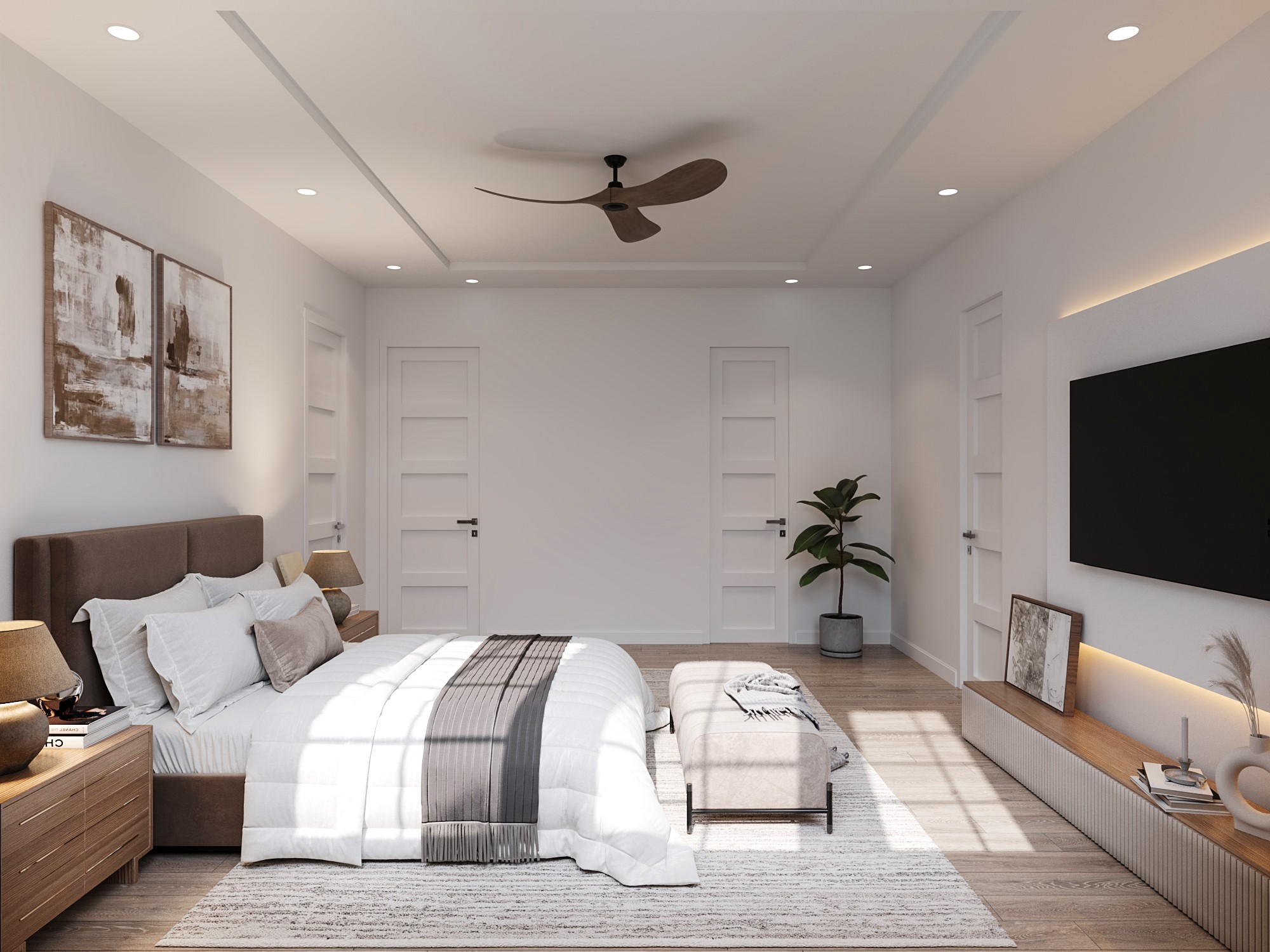 0 Mansfield Street Houston, TX 77091 - Photo 17 of 21 This is a modern and airy bedroom featuring a large bed with a stylish headboard, a ceiling fan, recessed lighting, a flat-screen TV, and built-in shelving. Neutral tones and clean lines create a calming ambiance.