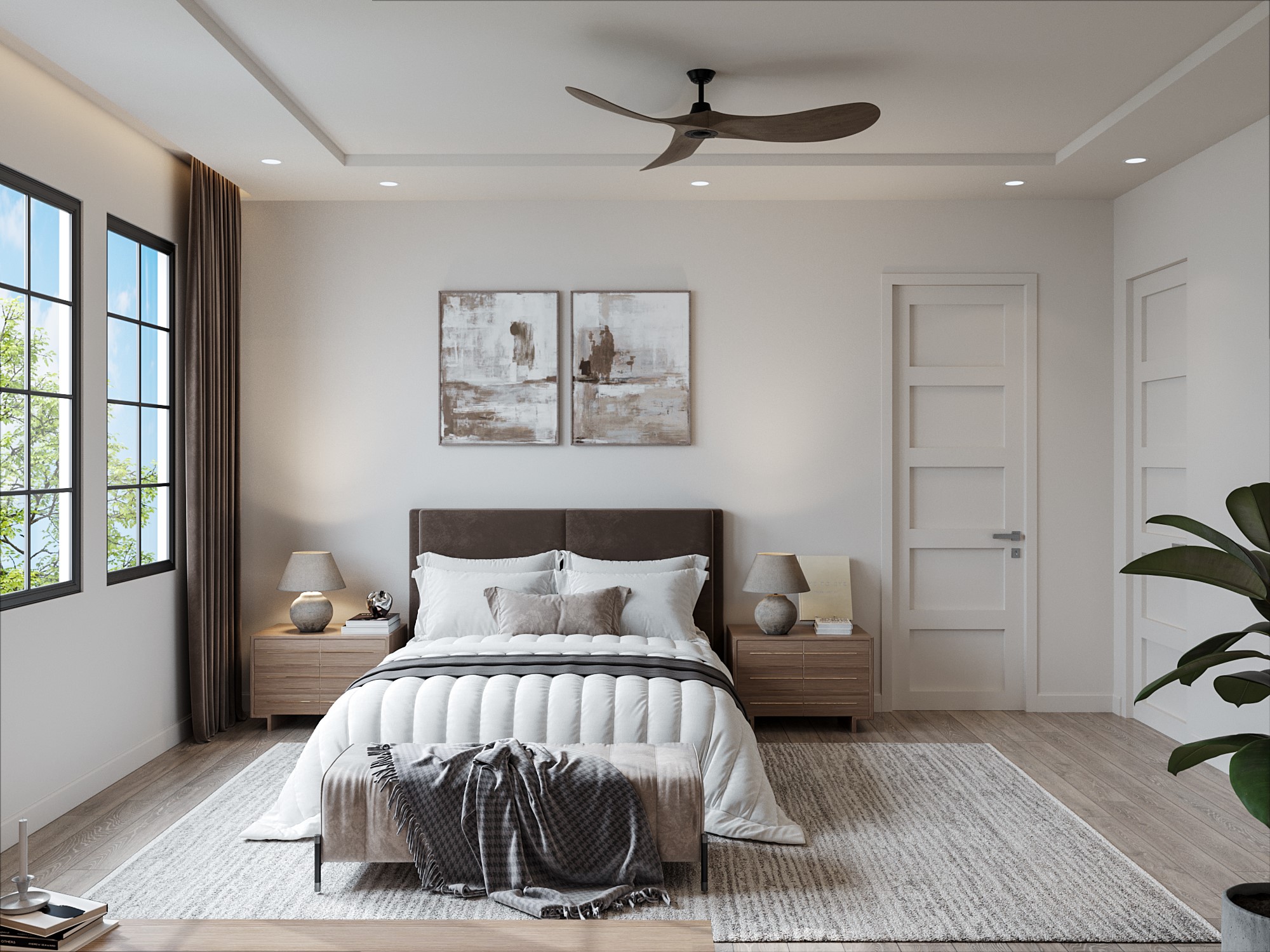 0 Mansfield Street Houston, TX 77091 - Photo 18 of 21 This is a spacious, well-lit bedroom featuring a large bed with a tufted headboard, two nightstands with lamps, a ceiling fan, and modern artwork on the wall. The room has a neutral color palette, a plush area rug, and a view of greenery through the window, creating a serene atmosphere.