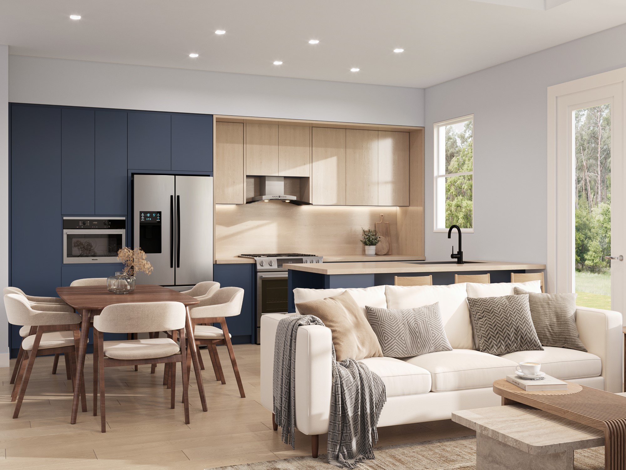 0 Mansfield Street Houston, TX 77091 - Photo 4 of 21 Plans convey with the purchase. Modern open-plan living space with a fully equipped kitchen featuring blue cabinetry and wooden accents, a cozy dining area. Natural light streams in through a window and glass door leading to outdoor greenery.