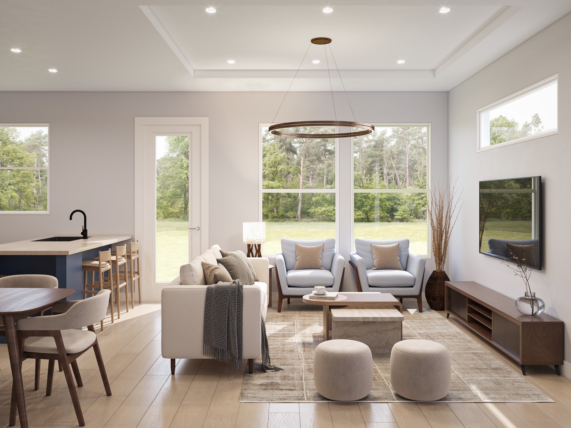 0 Mansfield Street Houston, TX 77091 - Photo 5 of 21 This is a spacious and modern open-plan living space featuring a lounge area, a dining area, and a kitchen with a breakfast bar. Large windows allow for plenty of natural light and views of the greenery outside. The interior design includes neutral tones creating a warm and inviting atmosphere.