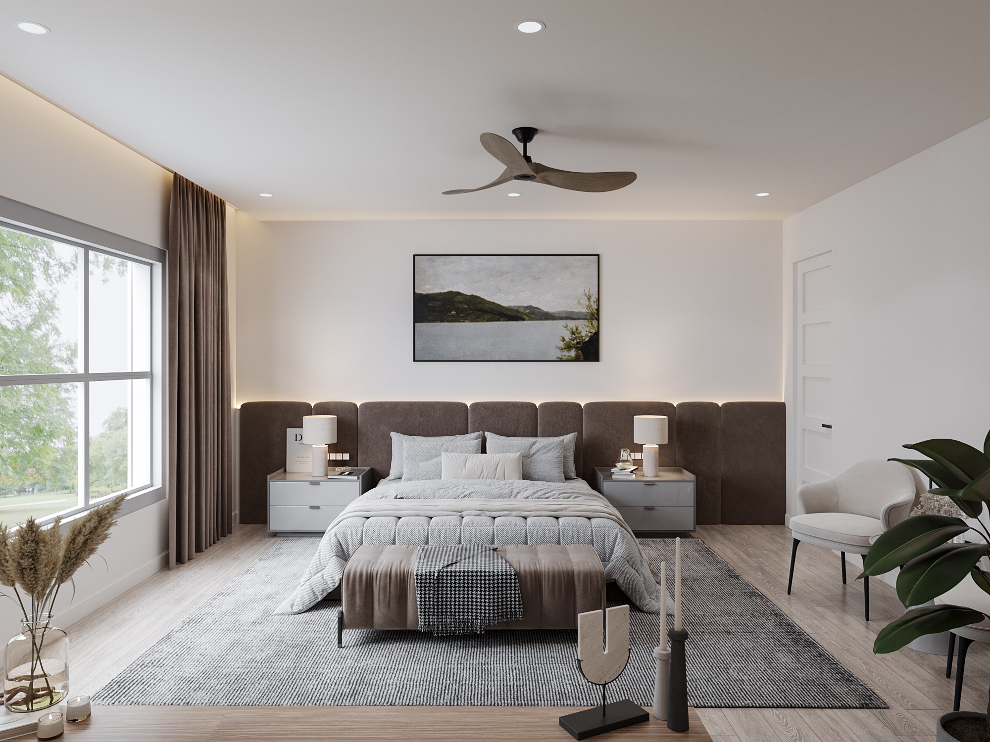 0 Mansfield Street Houston, TX 77091 - Photo 9 of 21 This is a modern and spacious bedroom that can feature a large bed with an upholstered headboard, two nightstands with lamps, a cozy sitting area, and a ceiling fan. The room is well-lit with natural light from a large window that offers a view of greenery outside.