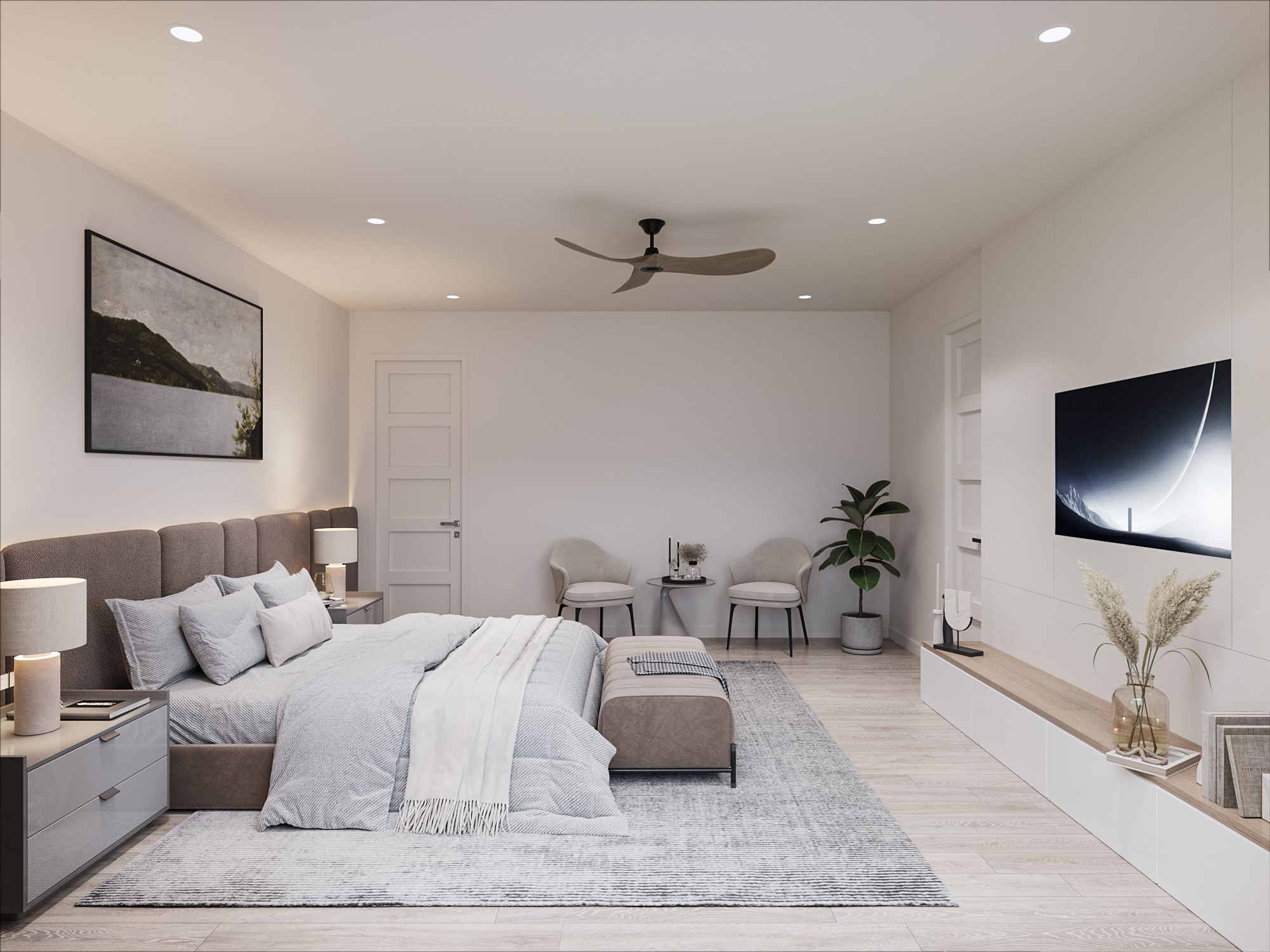 0 Mansfield Street Houston, TX 77091 - Photo 10 of 21 This is a modern and elegantly furnished bedroom with a neutral color palette, that can feature a large bed, contemporary lighting, a ceiling fan, and a mounted flat-screen TV. The room is spacious enough to include a cozy seating area and is accented with tasteful decor and plants, creating a serene and sophisticated living space.