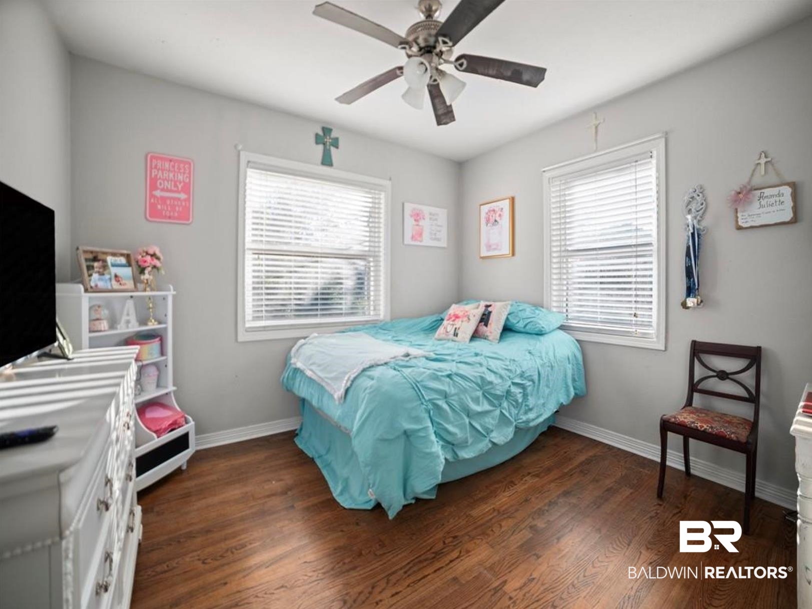 1420 Vega Drive Mobile, AL 36693 - Photo 9 of 18 Bedroom with dark wood-style flooring, multiple windows, and ceiling fan