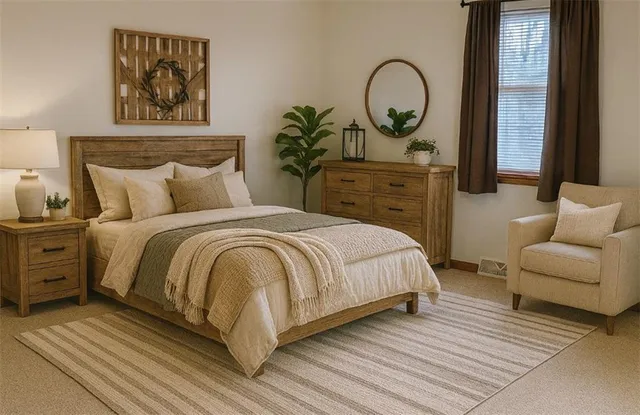 a spacious bedroom with a bed a mirror and a window