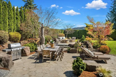 a view of a swimming pool with lawn chairs and potted plants