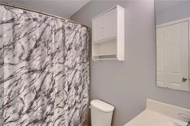 a white toilet sitting next to a shower curtain