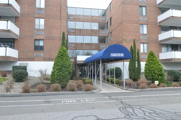 a view of a brick house with plants and large windows