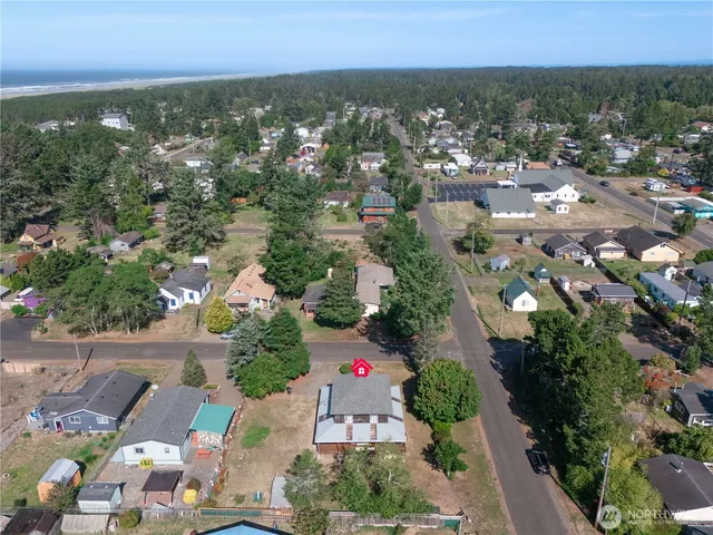 an aerial view of residential houses with outdoor space and trees