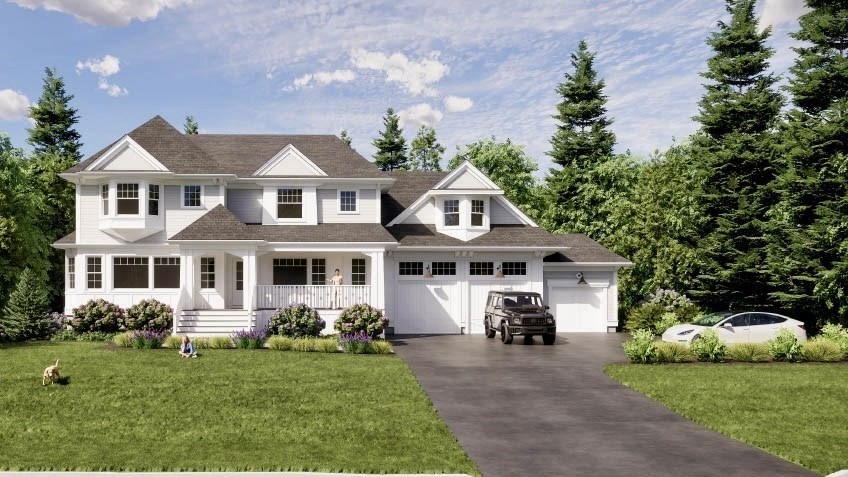 a front view of a house with a garden and porch