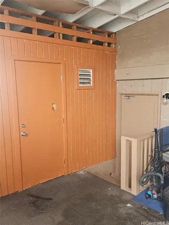 a view of a garage with storage