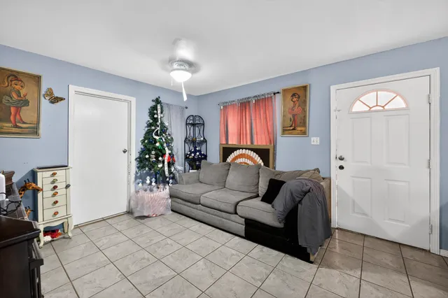 a living room with furniture and a potted plant