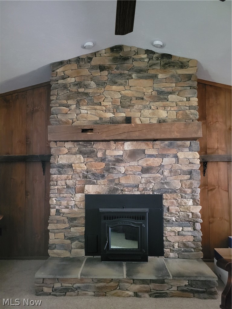 9915 Acme Road Rittman, OH 44270 - Photo 2 of 22 Details with wood walls, carpet, and a stone fireplace