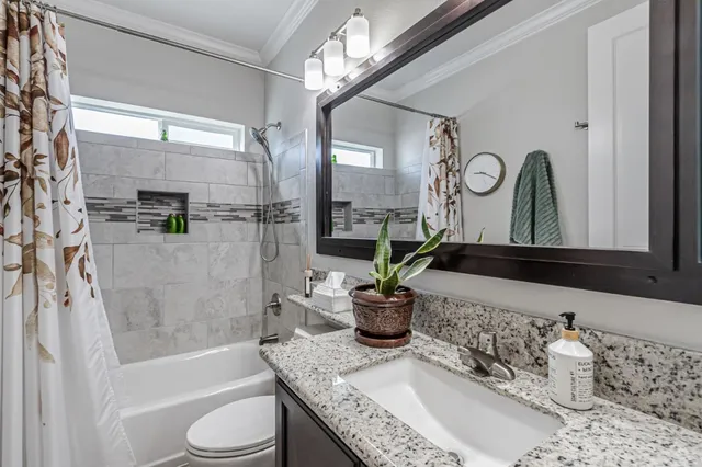 a bathroom with a granite countertop sink a mirror and a potted plant