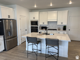 12 South Moonlit Road Mapleton, UT 84664 - Photo 2 of 14 Kitchen with appliances with stainless steel finishes, white cabinets, dark wood-type flooring, recessed lighting, and a kitchen island with sink