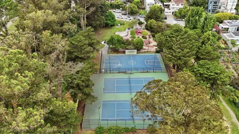 an aerial view of residential houses with outdoor space and trees