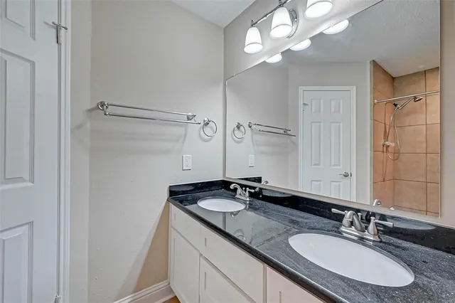 a bathroom with a granite countertop sink a mirror and a shower