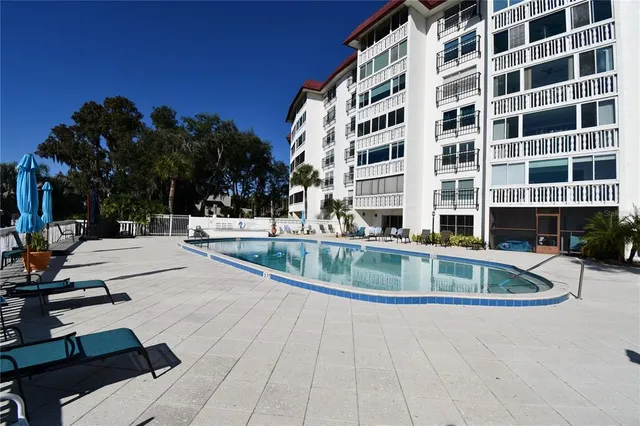 a view of a swimming pool with a lounge chairs
