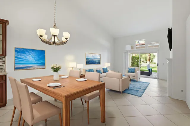 a view of a dining room with furniture window and outside view