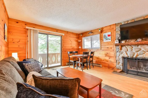 a living room with fireplace furniture and a flat screen tv