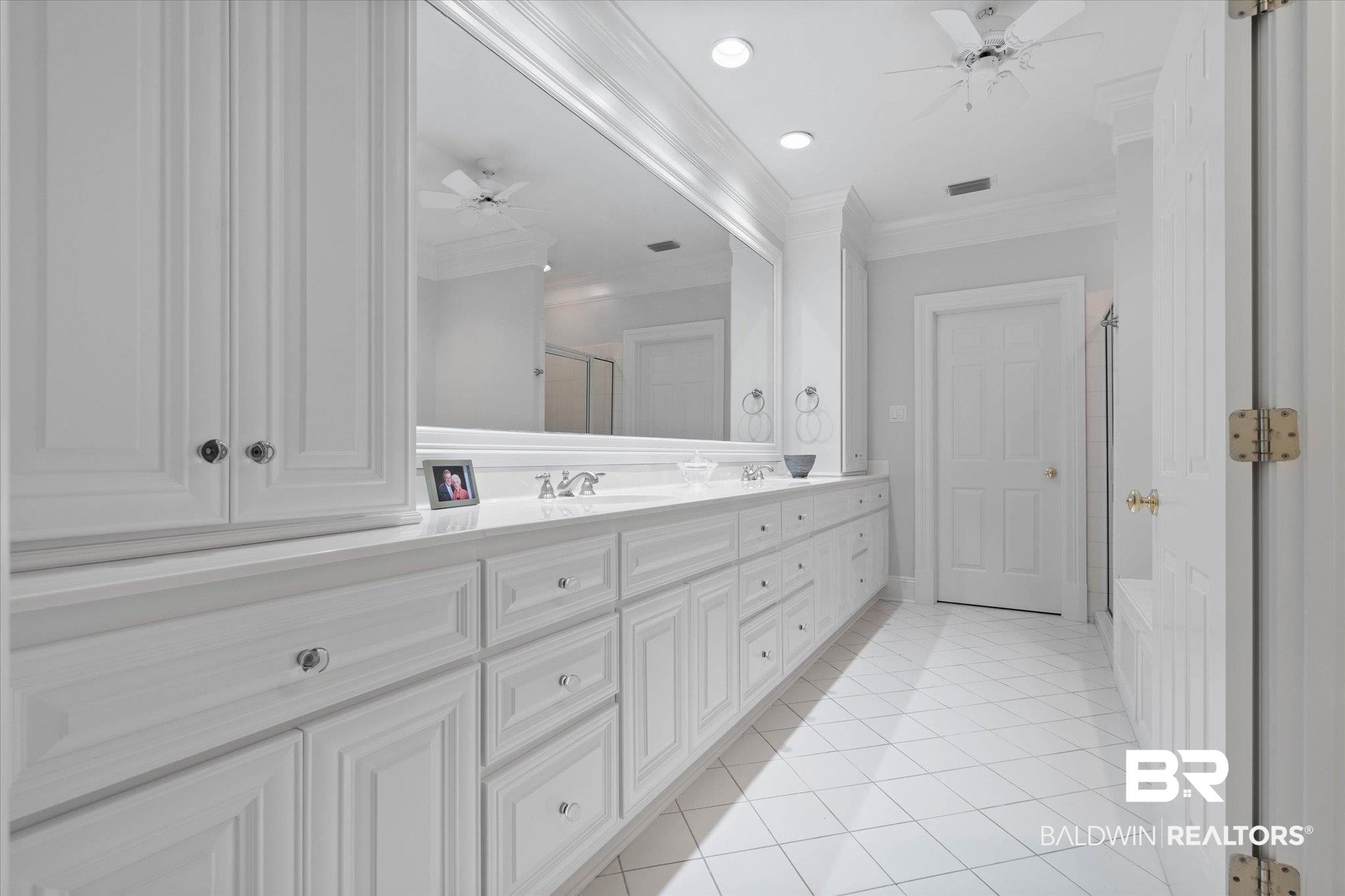 4008 McGregor Oaks Mobile, AL 36608 - Photo 37 of 50 Bathroom featuring a ceiling fan, ornamental molding, an enclosed shower, double vanity, and tile patterned flooring