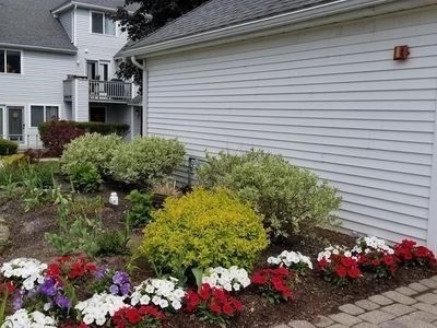 360 Littleton Road, Unit G10 Chelmsford, MA 01824 - Photo 15 of 20 a front view of a house with a yard and a lot of flower plants