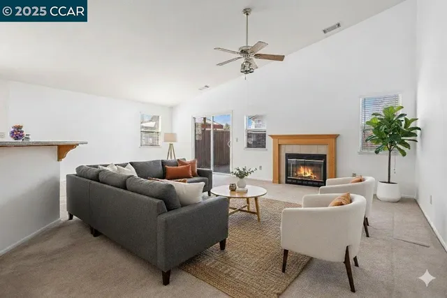 a living room with furniture and a fireplace