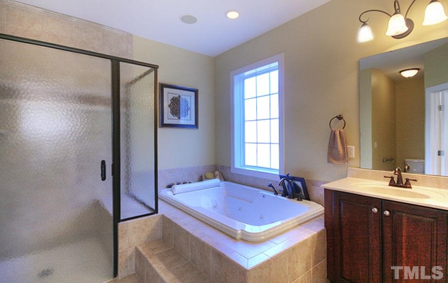 10008 Darling Street Raleigh, NC 27613 - Photo 13 of 24 a bathroom with a sink a mirror and a shower
