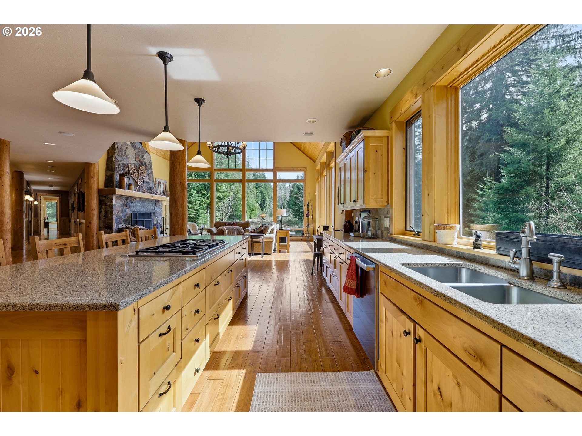20680 East Glacier View Road Rhododendron, OR 97049 - Photo 11 of 48 a large kitchen with stainless steel appliances a large counter top a stove a chimney a sink and a living room view