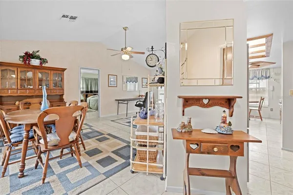 a view of a dining room with furniture