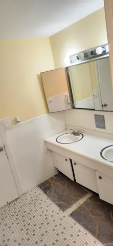 a bathroom with a sink and a mirror