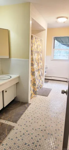 a bathroom with a bathtub sink and mirror