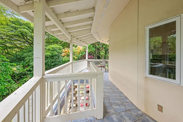 a backyard of a house with plants and large tree