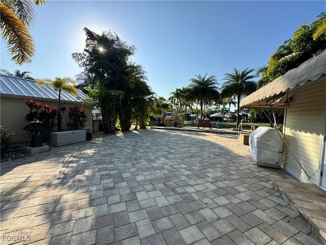 a view of a yard with palm trees