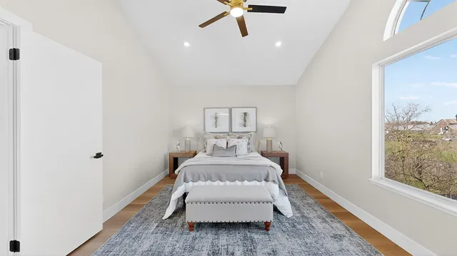 an aerial view of a house with outdoor space