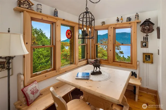 a view of a dining room with furniture window and outside view