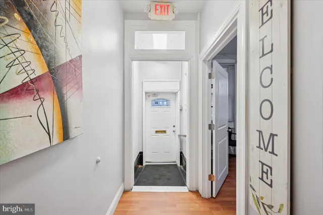 a view of a hallway with elevator