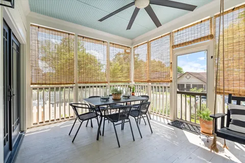 an aerial view of a house with a garden