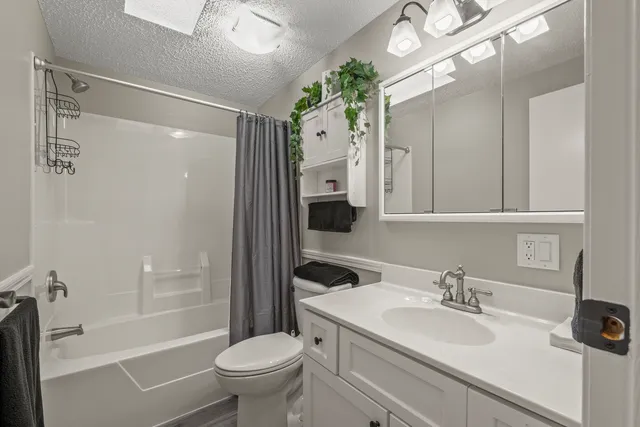 a bathroom with a sink a toilet a mirror and shower
