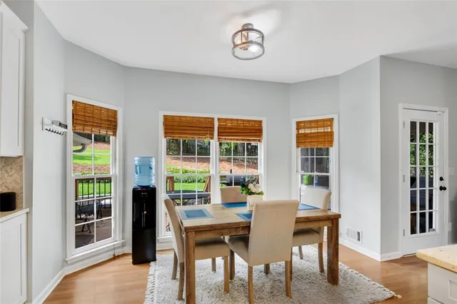 a view of a dining room with furniture window and outside view