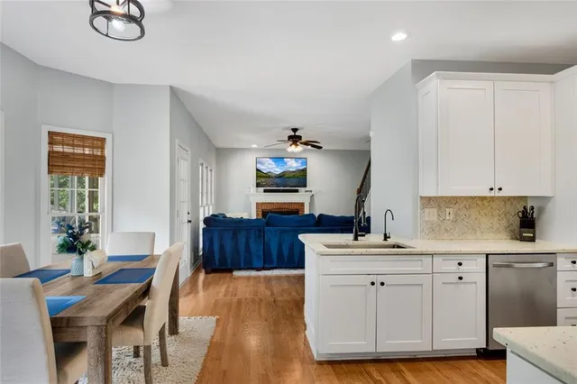 a view of cabinets and window