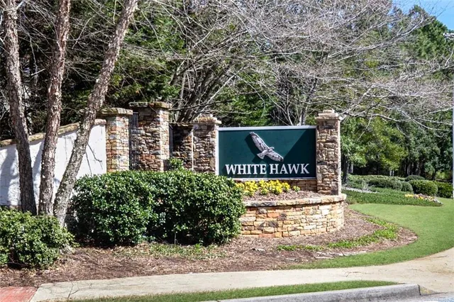 a view of a park with large trees