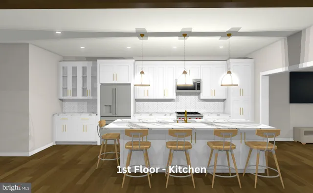 a kitchen with stainless steel appliances kitchen island granite countertop a kitchen island and chairs in it