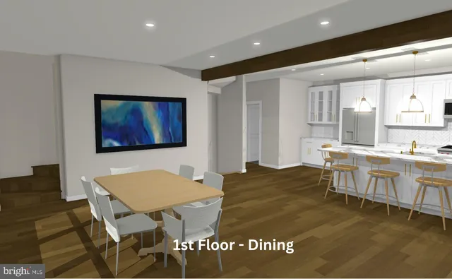 a view of kitchen island with granite countertop furniture and wooden floor