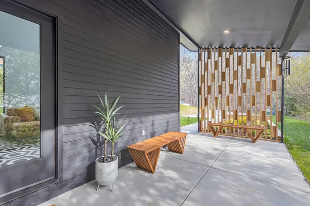 a building outdoor space with seating space